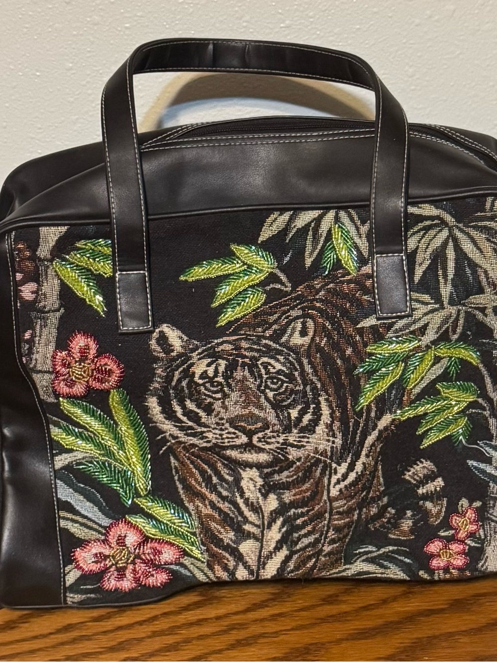 Vintage Black Embroidered Beaded Tiger Faux Leather Tote Bag